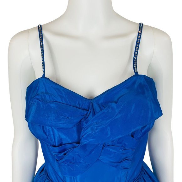 Vintage 50s Sapphire Dress Rhinestone Straps Blue Sweetheart Prom Gown | W 26" - Picture 12 of 16